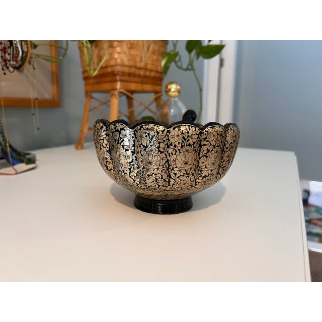 Paper Vintage Mid Century Persian Chinoiserie Paper Mache and Brass Silver Leaf Floral Mortar and Pestle For Sale - Image 7 of 8