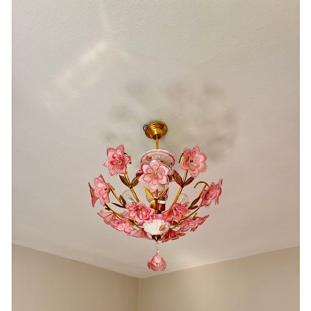 1980s Italian Pink Murano Style Glass Floral Chandelier – Hand-Painted Porcelain & Brass Ceiling Light For Sale - Image 10 of 18