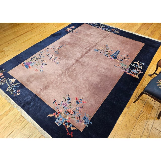 Vintage Hand-Knotted Chinese Art Deco Rug, Wool Pagoda Floral Motif, 9' x 12' For Sale - Image 4 of 17