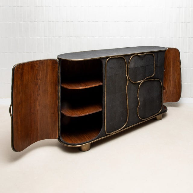 Mid-Century Modern Buffet in Black Shagreen With Bronze Patina Brass Detail by R&y Augousti For Sale - Image 3 of 9