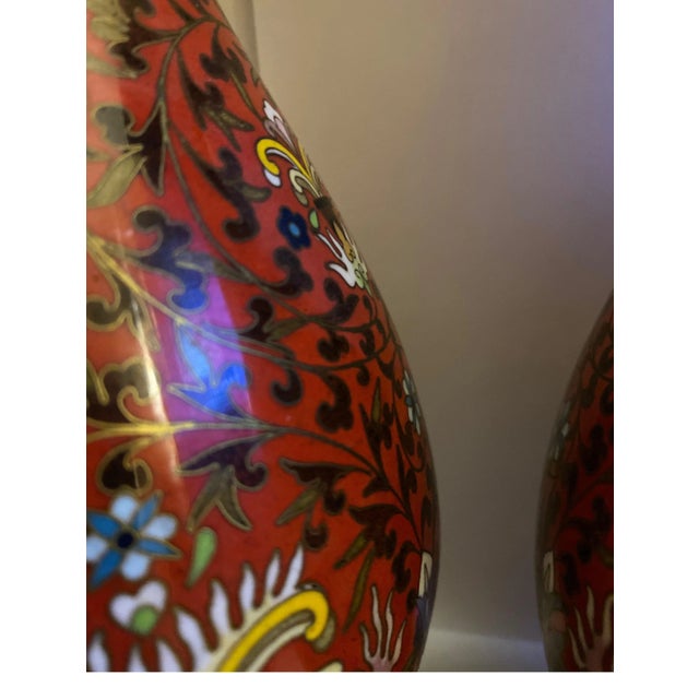 Vintage Gilt & Cloisonné Enamel Vases- a Pair For Sale - Image 9 of 10