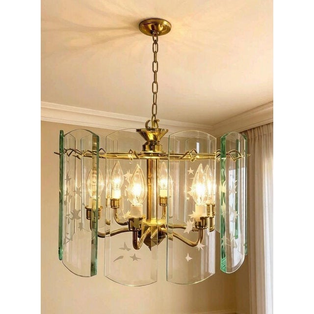 Gold Mid 20th Century Mid-Century Modern 6 Light Etched Glass Panels Maple Leaf Design Chandelier For Sale - Image 8 of 8
