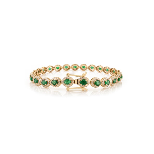 Metal 3.24ct Natural Zambian Emerald & 1.83ct Diamond Halo Tennis Bracelet in 14k Gold For Sale - Image 7 of 14