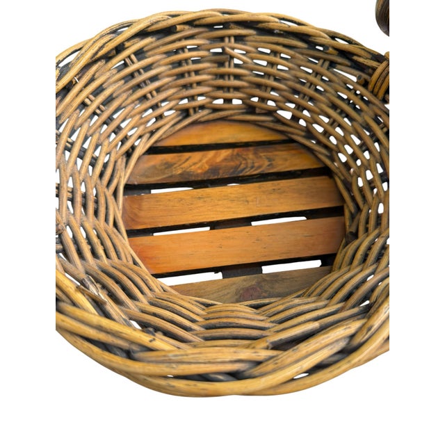 Folk Art Vintage Wicker Basket With Turned Wood Double Ball Finial Handles - Boho Coastal Folk Art For Sale - Image 3 of 11