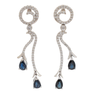 Ladies 18K White Gold Sapphire Diamond Dangle Drop Earrings