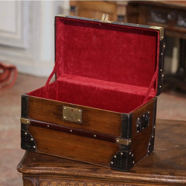 French 19th Century French Poplar, Iron, Brass and Leather Travel Trunk Jewelry Box For Sale - Image 3 of 7