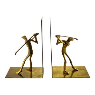 Mid 20th Century Minimal Modern Gold Brass Golfer Bookends Made in Korea For Sale