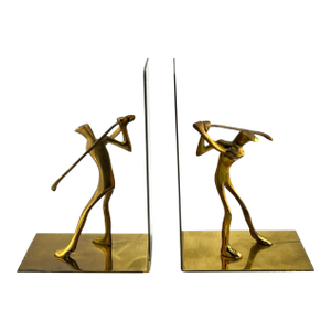 Mid 20th Century Minimal Modern Gold Brass Golfer Bookends Made in Korea