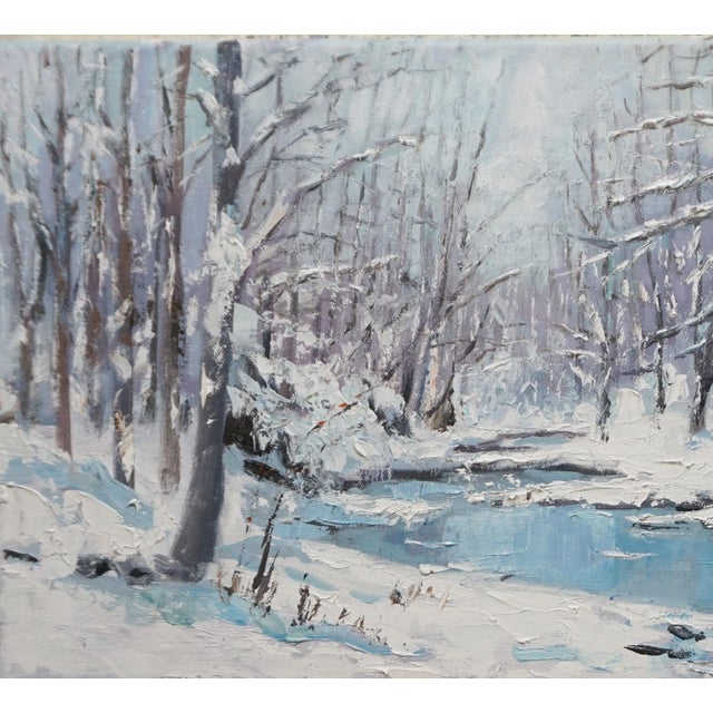 Original Oil Landscape, Forest Stream After Snowfall For Sale - Image 4 of 5
