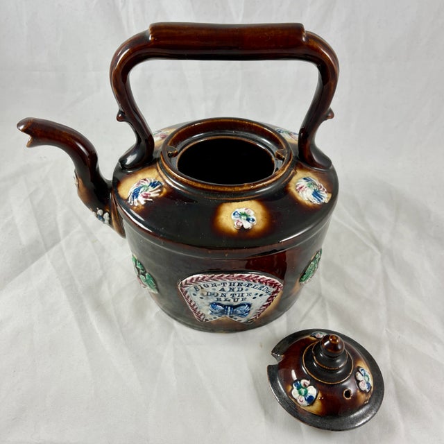 English Measham Bargeware Blue Ribbon Teetotaler Temperance Motto Tea Kettle For Sale - Image 9 of 13