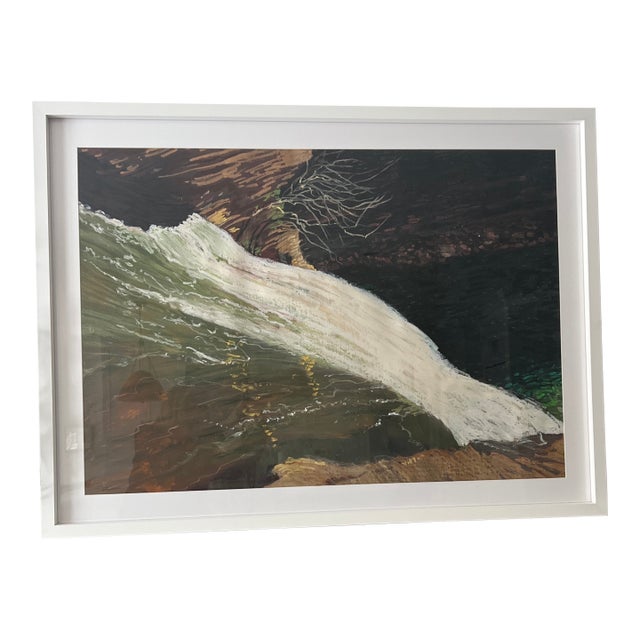 Large Scale Framed Abstract Landscape Pastel Painting of a Waterfall For Sale