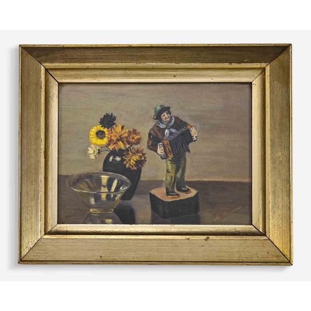 Unknown, Still Life with Accordion Player, Oil on Panel, Mid-20th Century For Sale - Image 4 of 4