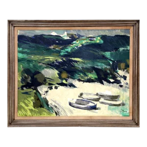 Seascape With Boats, Jos Rovers Screenprint on Canvas