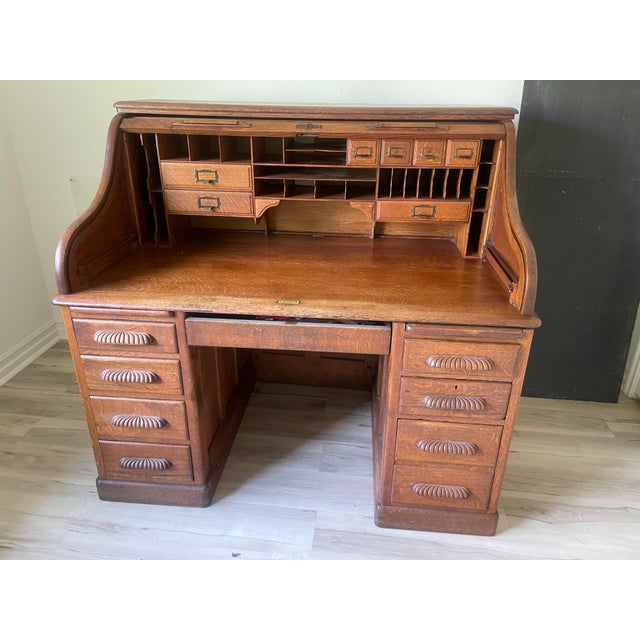 Solid oak roll top desk - CA Breaks into 3 pieces Deep drawers in great shape a manufacturer's label for Robson & Sons, a...