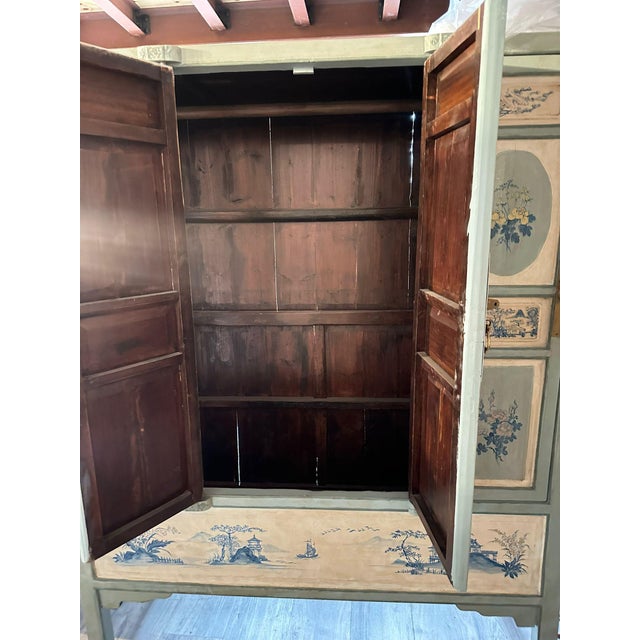 1980s Large Chinese 20th-Century Cabinet With Blue and White Hand-Painted Flowers and Landscape Panels For Sale - Image 5 of 12