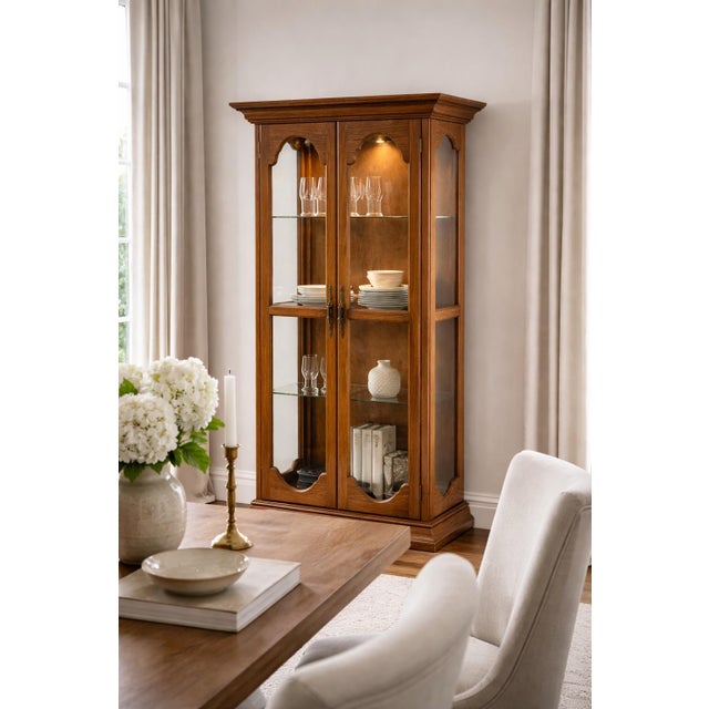 Transitional Vintage Harbor House Solid Oak Lighted Curio Cabinet With Glass Sides – Model 9630 – Adjustable Shelves For Sale - Image 3 of 12