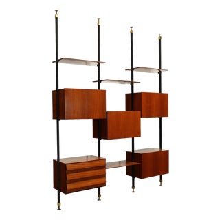 Vintage Bookcase in Teak Veneer, Metal and Brass, Italy, 1950s-1960s For Sale