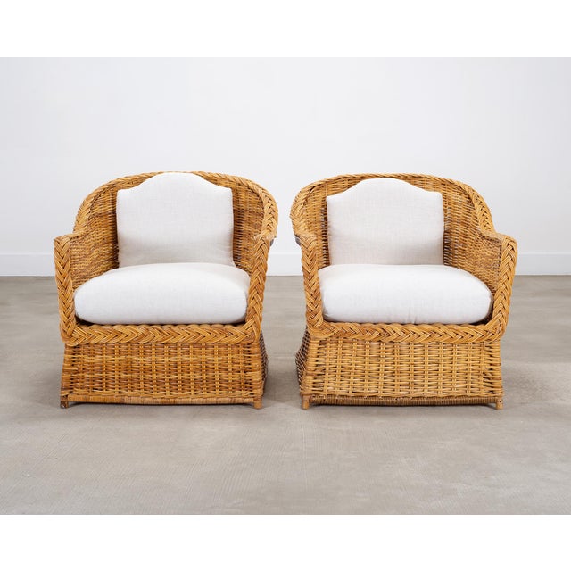 Contemporary Pair of Organic Modern Rattan Wicker Lounge Armchairs For Sale - Image 3 of 18