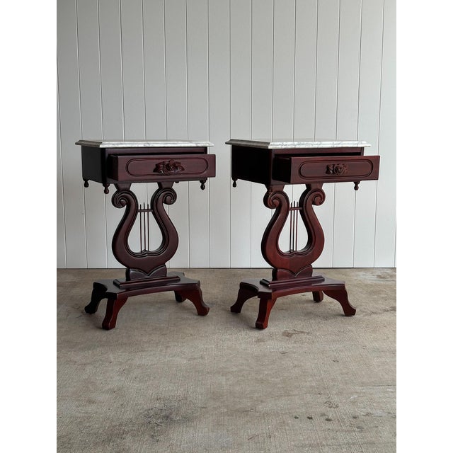 Victorian Pair of Vintage Marble-Top Lyre Pedestal Tables For Sale - Image 3 of 15