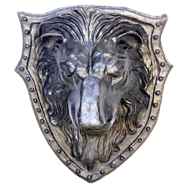 Large 19th-Century American Cast-Iron Lion Shield Medallion, Architectural Ornament An imposing and sculptural late 19th-...