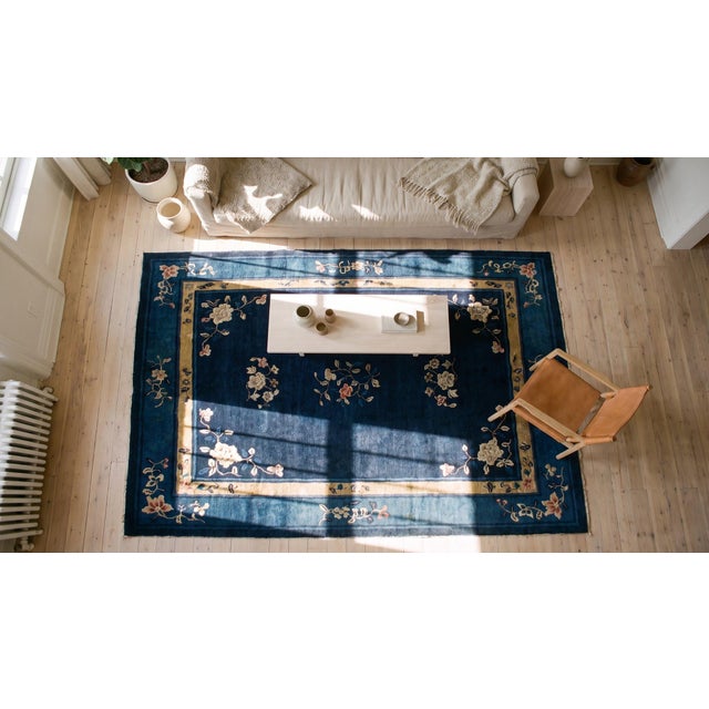1930s Blue Navy Floral Antique Chinese Peking Rug 6'4" X 8'8" Handknotted Wool Carpet For Sale In New York - Image 6 of 8