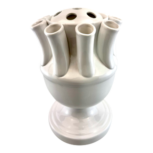 Vintage White Ceramic Tulipiere Style Flower Frog Vase With Pedestal Base