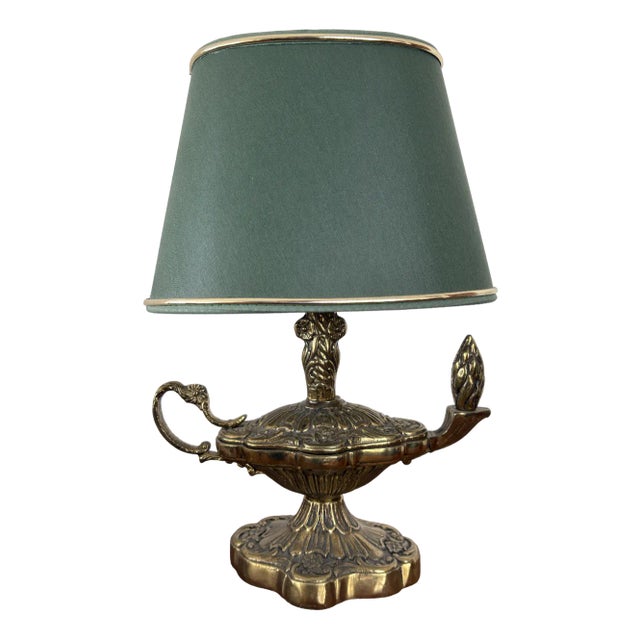 Vintage Brass Aladdin Style Table Lamp with Green Shade For Sale