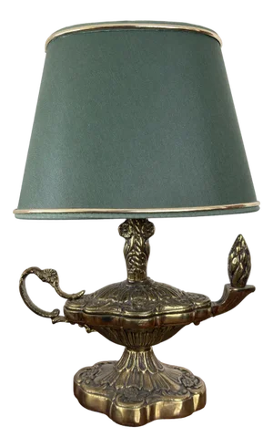 Vintage Brass Aladdin Style Table Lamp with Green Shade