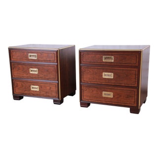 Baker Furniture Hollywood Regency Walnut and Brass Campaign Style Nightstands, Pair For Sale