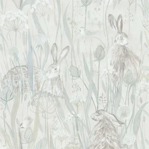 Sanderson Dune Hares Wallpaper in Mist/Pebble - a Sample