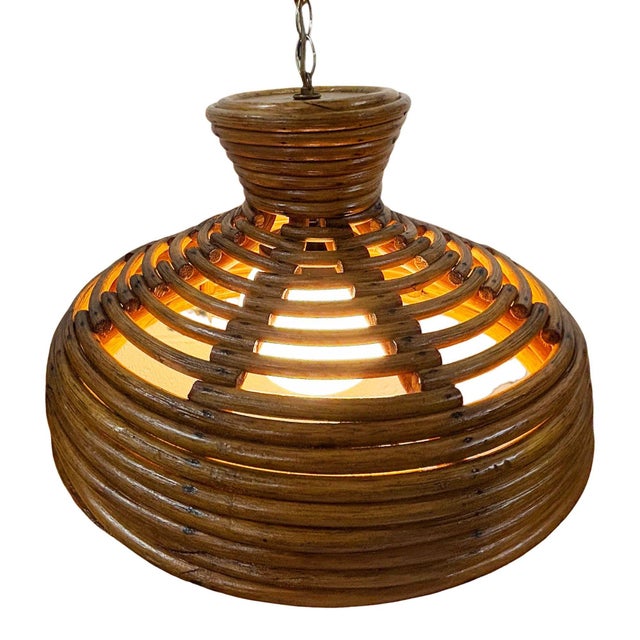1960s Restored Mid-Century Hanging Rattan Ceiling Lamp Chandiler W/ Center Globe For Sale In Los Angeles - Image 6 of 9