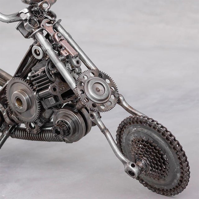 Contemporary New Handcrafted Recycled Metal Motorbike Sculpture | 37" X 23" | One of a Kind For Sale - Image 3 of 10