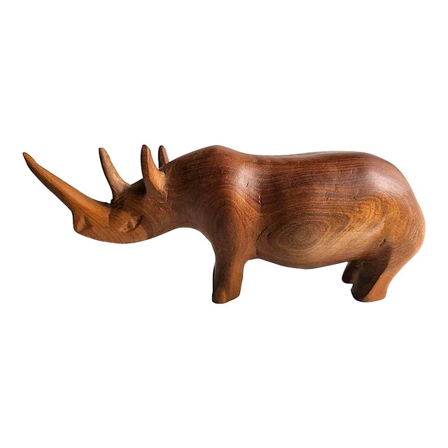 Vintage Hand Carved African Teak Wood Rhino Figurine For Sale