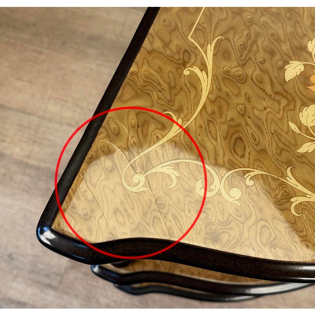 Brown Vintage Italian Rococo Marquetry Fruitwood 3-Tier Corner Shelf For Sale - Image 8 of 13