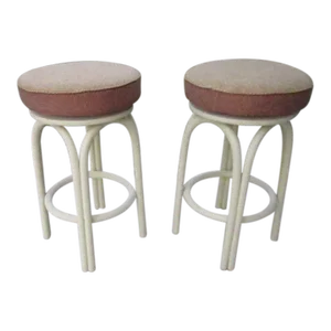 Vintage Cream Color Bamboo Swivel Backless Barstools with Toasted Almond Seat- Set of 2