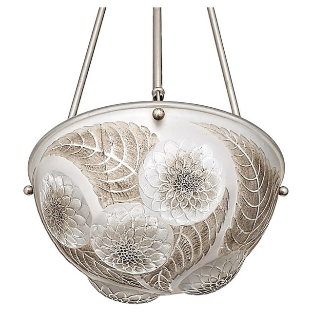 Metal French Art Deco Pendant Chandelier by René Lalique Model Dahlias (pair avaiable) For Sale - Image 7 of 10