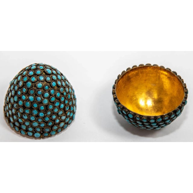 Antique Tibetan Egg Shaped Box With Turquoise Blue Stone