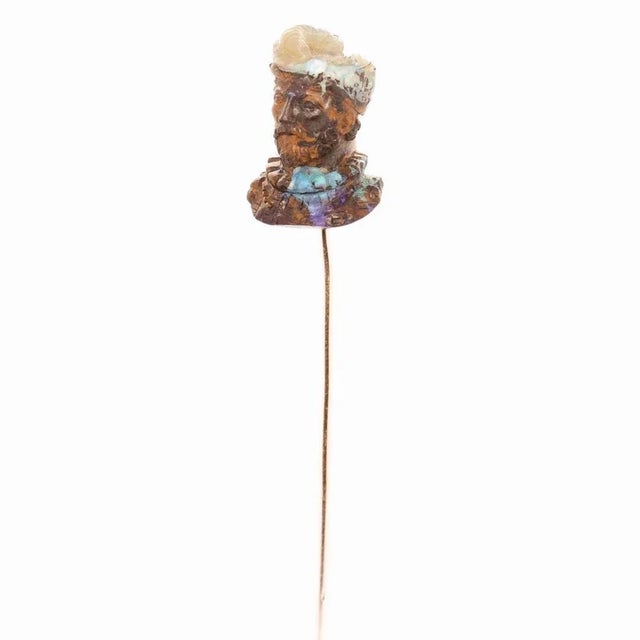 Gold Vintage Antique Stick Pin With Carved Opal Bust of a Man Attributed to Wilhelm Schmidt For Sale - Image 8 of 12