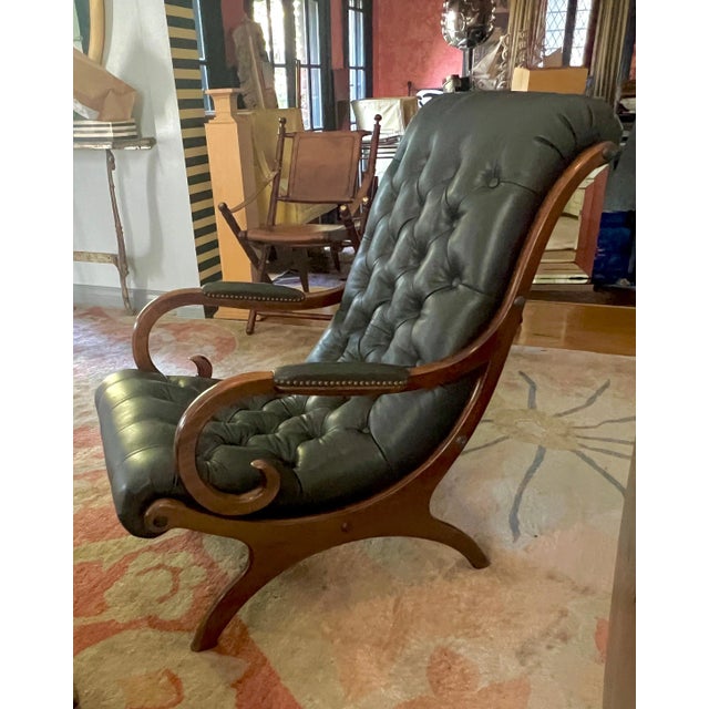 Traditional Pair of English Regency Lolling Chairs in Tufted Gray Leather For Sale - Image 3 of 12