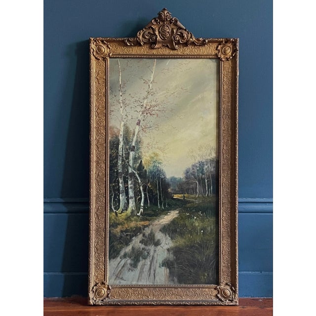 Antique Framed Pastel Landscape With Figure (Signed). Pastel wooded landscape with dirt road and a figure in the distance....