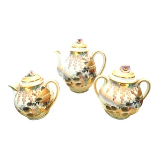 Antique Porcelain Japanese Scenic Kutani Three Piece Tea Service For Sale