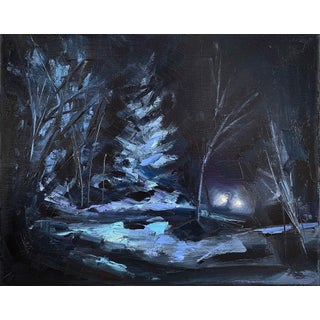 Midnight Drive by Leigh Ann Van Fossan | Oil on Canvas Night scene with trees and headlights. For Sale