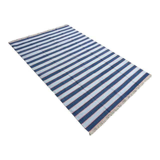 Handmade Cotton Area Rug, Vegetable Dyed, Blue and Orange Striped Dhurrie -6'x9' For Sale
