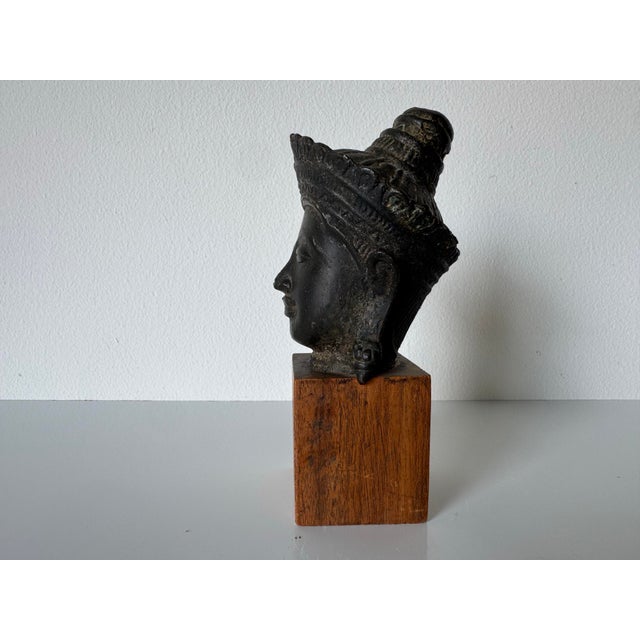 1970s 1970’s Vintage Cast Bronze Buddha Head Sculpture on Wood Stand For Sale - Image 5 of 11