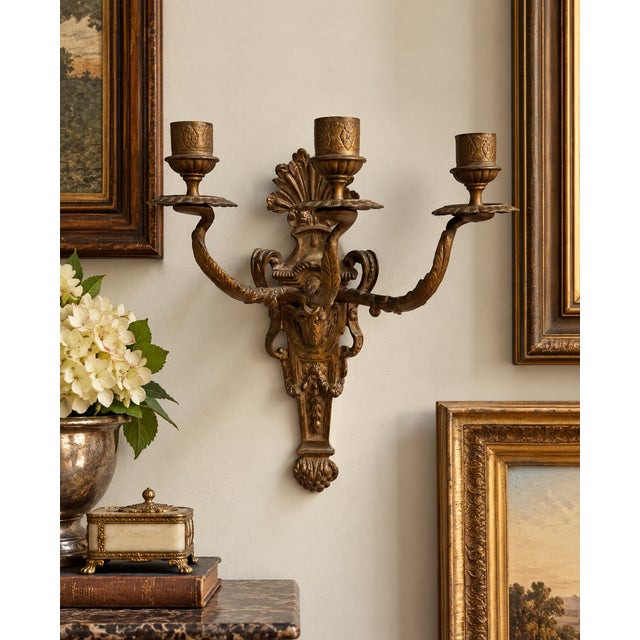 Antique 19th-Century Louis XVI Style Patinated Bronze Three-Light Wall Sconce For Sale - Image 12 of 13