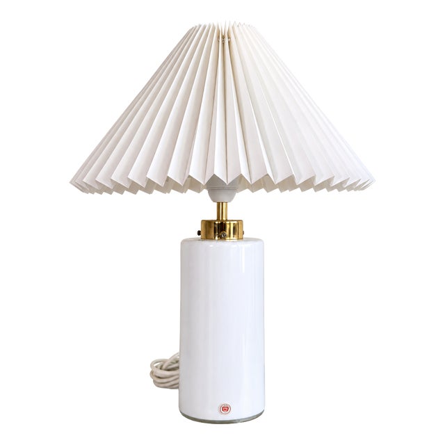 Vintage Danish White Opaline Glass Table Lamp with Brass Details, 1970s For Sale