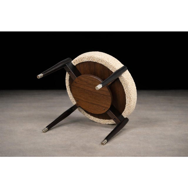 Wood Móveis Cimo Round Stool in Ebonized Wood With Metal Sabots, Brazil, 1950s — Newly Upholstered in Warm Ivory Bouclé For Sale - Image 7 of 9