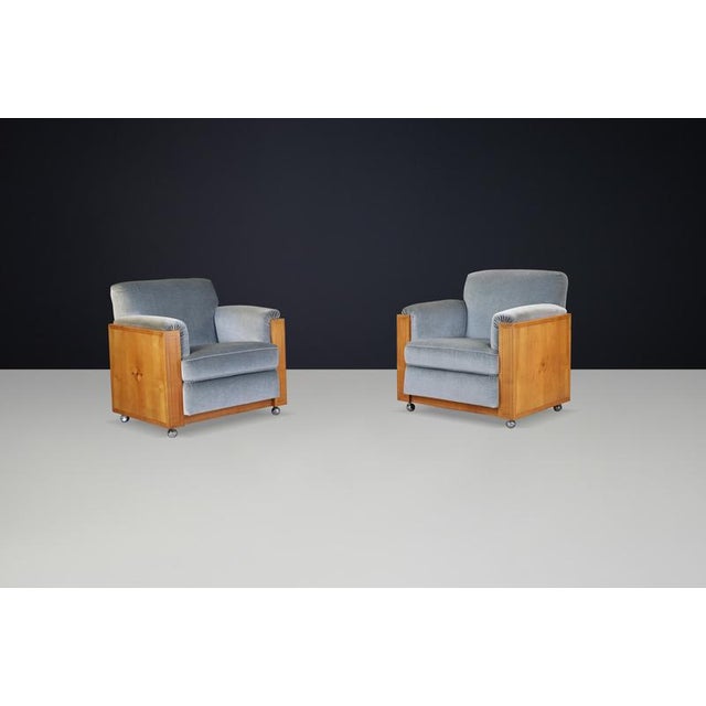 Art Deco Dutch Armchairs with Inlay Motif in Oak and Velvet, 1930s, Set of 2 For Sale - Image 9 of 11