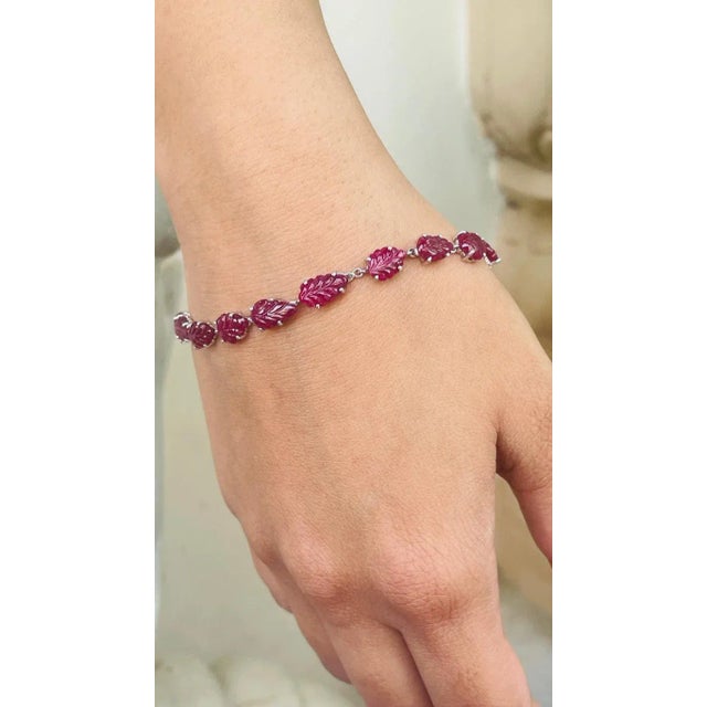 Leaf Carved Ruby and Diamond Bracelet in 18k White Gold, 4.3ct Ruby, USAMade For Sale - Image 4 of 16