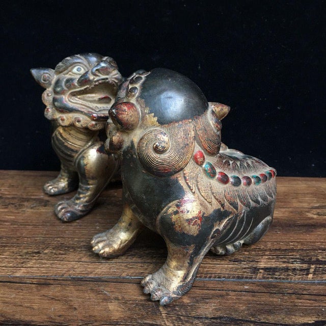 Traditional Pair of Antique Gilt Bronze Guardian Lions – 4.3" Foo Dogs With Stone Inlay For Sale - Image 3 of 8